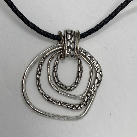 Chico's Jewelry - CHICO'S Necklace Concentric Open Irregular Round Textured Silver Tone Black Cord